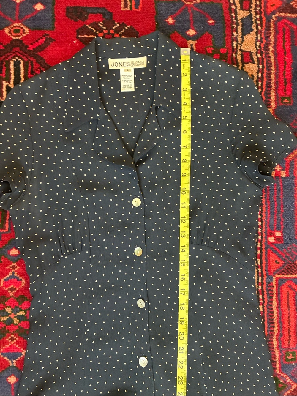 Vintage 90s Jones&Co Navy Polka Dot Midi Dress with back tie - Picture 10 of 13